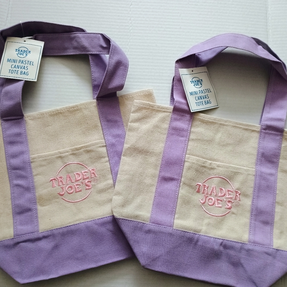 Set of 2 - Trader Joes Mini Pastel Canvas Tote Bag PURPLE NEW!